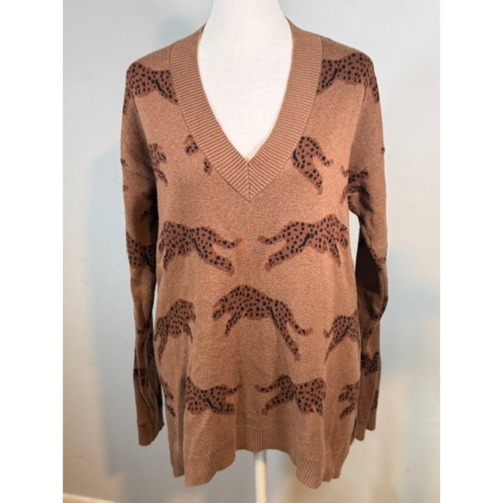 Show Me Your Mumu Gilligan Sweater XS Jumping Cheetah Knit V-Neck Brown